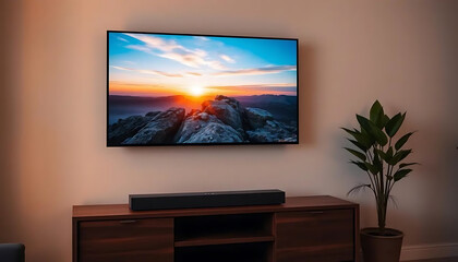 Modern smart tv connected with sound bar. Home entertainment system. Tech, visual, audio entertainment. Stylish interior design. Living room setup. High-quality image, beautiful landscape view