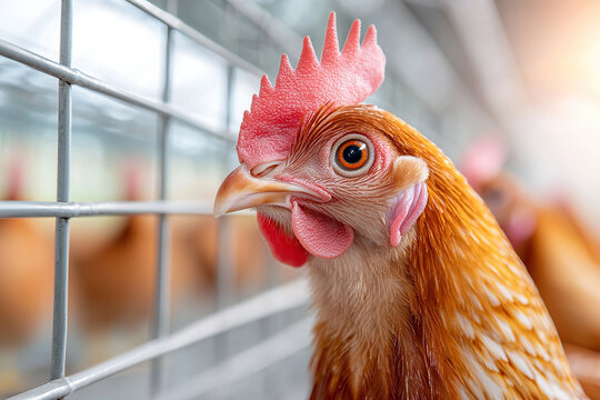 close up of chicken in modern poultry farm with automated systems