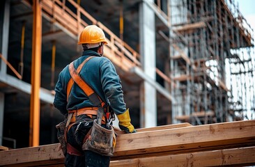 Construction worker wearing a safety helmet and harness, overseeing a building project at an active construction site