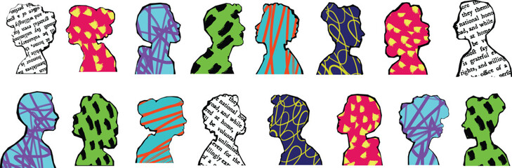 Vector Abstract Silhouette Crowd with Vibrant Patterns on White Background, Diverse People Group with Artistic Texture, Conceptual Multicultural Society, Modern Digital Art