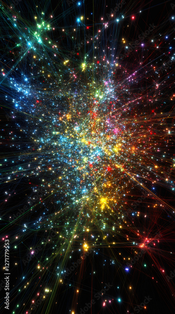 Poster abstract colorful network connecting bright spots, representing communication, data transfer, or soc