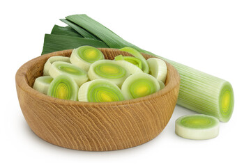 sliced Leek vegetable in wooden bowl isolated on white background with full depth of field