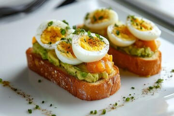 Enjoy a vibrant plate featuring avocado toast adorned with creamy slices of hard-boiled eggs. This dish sits on a sunlit table, perfect for brunch at a cozy caf&eacute;