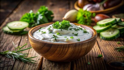 Delicious Tzatziki Dip in Low Light, Rustic Wooden Bowl