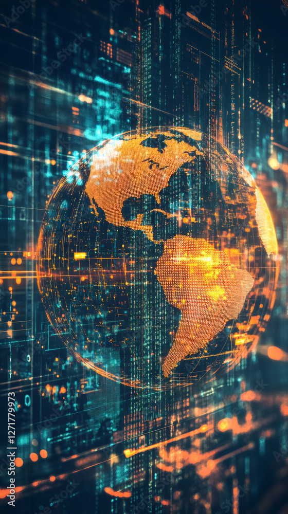 Aufkleber Digital world map with futuristic binary code matrix effect showing global communication and technology