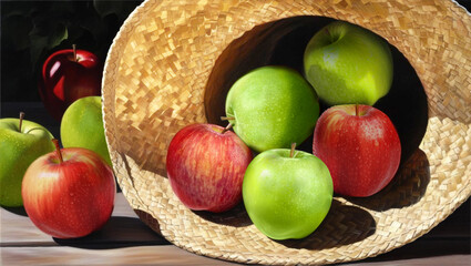 Green and red apples in a straw hat on a wooden table.