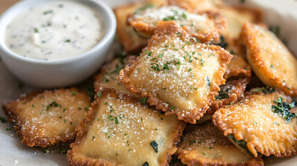 Fototapeta premium Crispy fried ravioli with ricotta and spinach, served with a rich and creamy buffalo sauce dipping sauce.