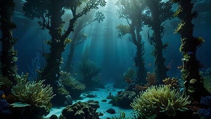 Fototapeta premium Elegant underwater plants dancing in sunlight through blue sea water 