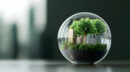 Futuristic glass sphere containing a miniature holographic simulation of a sustainable ecosystem with AI powered predictive analytics for carbon footprint reduction and climate adaptation strategies