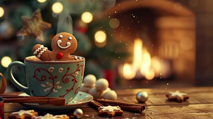 Christmas cup of hot chocolate with marshmallow and gingerbread man cookies with fireplace light bokeh background. Winter mood. Cinnamon sticks, hot steamed coffee on a cozy table desk. Xmas mug