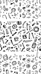 Fototapeta premium A seamless pattern of hand-drawn doodles, black ink on white background, a playful, quirky style, varied line weights, and a chaotic yet balanced composition, perfect for st.