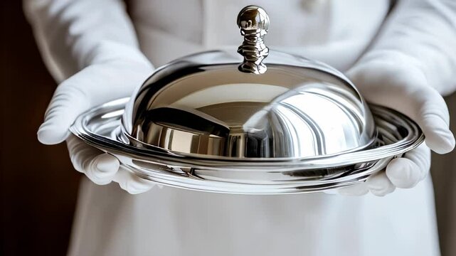 Elegant waiter presenting a silver cloche with a polished surface in an upscale dining setting during a formal meal
