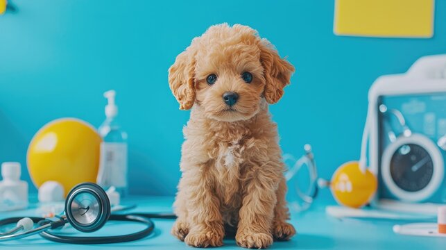 Adorable fluffy poodle puppy sits on veterinary examination table