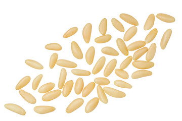 Shelled European pine nuts isolated on white background with full depth of field. Top view. Flat lay