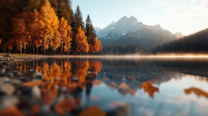 Obraz premium Peaceful Mountain Lake with Clear Waters and Colorful Foliage