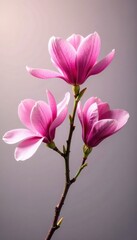 Pink magnolia flowers in full bloom on a green stem, bloom, blossom