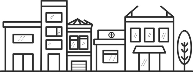  Black line icon of a town with small houses and a tree.