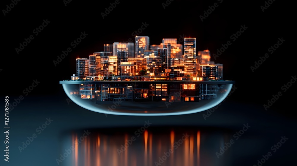 Poster futuristic holographic architecture rendering of floating 3d urban development model with glowing ac