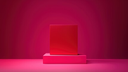 A red box placed on a pink pedestal against a vibrant pink backdrop.