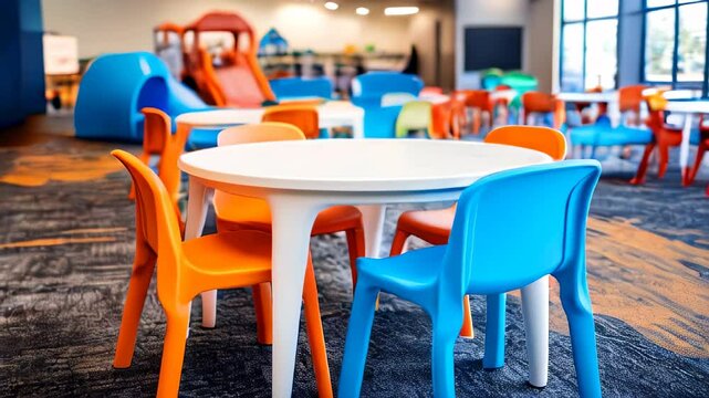 Colorful chairs and tables arranged in a bright playroom for children's activities