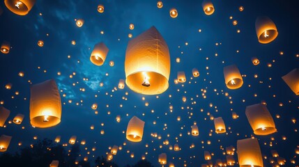 A mesmerizing scene of floating lanterns illuminating the night sky, creating a magical and serene atmosphere amidst the dark clouds.