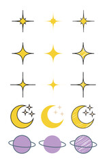 Astral design elements in 3 styles- scribble, cartoon comic and clean (no border/ no stroke). Yellow and purple