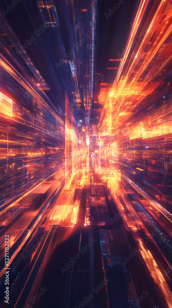 Poster abstract digital city with orange and blue glowing light trails representing fast data transmission 