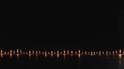 A serene display of flickering candle flames arranged in a straight line against a dark background, creating a tranquil and reflective atmosphere.