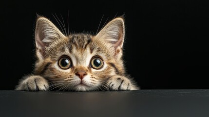 A curious kitten peeks over a surface, displaying large, expressive eyes against a dark background.