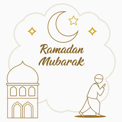 Elegant Ramadan Mubarak Illustration Featuring Crescent Moon, Mosque, and Praying Figure