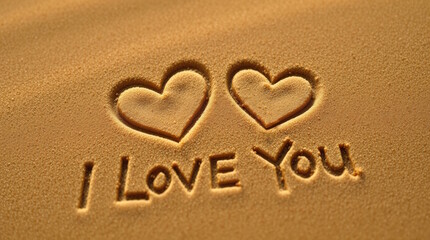Closeup I love you message with hearts symbol written in sand Romantic concept