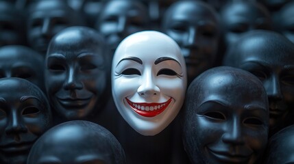 Smiling mask stands out, dark crowd, concept