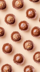 Gourmet chocolate truffles flat lay with hazelnut topping on beige background for dessert lovers