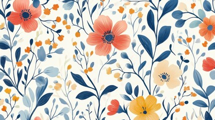 A vibrant floral pattern featuring a mix of red, yellow, and blue flowers intertwined with delicate leaves on a soft cream background.