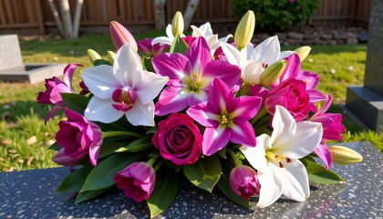 Laying a Memorial Flower Bouquet on a Tombstone for the Deceased Featuring Pink, White Lilies, Orchids, Roses Arranged on a Gray Stone Surface with Green Grass,a Wooden Fence in the Background