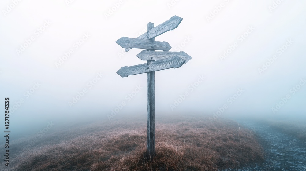 Poster wooden signpost showing multiple directions in a foggy landscape, creating a concept of choice, deci
