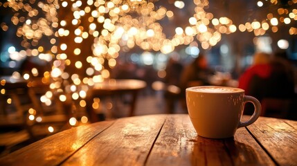 A cozy cup of coffee sits on a rustic wooden table, illuminated by warm, glowing lights in a festive outdoor setting.