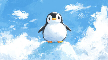 Childlike Drawing of Happy Penguin with Round Body on Iceberg Under Blue Sky. Concept of Joy, Nature, Wildlife, Art