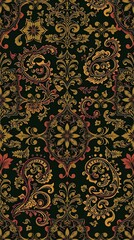 A seamless pattern composed of intricate paisley motifs in rich jewel tones, an ornate style with swirling lines and detailed flourishes, creating a luxurious and opulent fe.