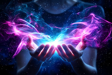 person with hands outstretched, surrounded by vibrant cosmic energy, symbolizes healing and connection to universe. colorful light creates mystical atmosphere