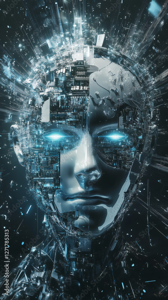 Poster exploding robotic head with electronic circuits represents the power and complexity of artificial in