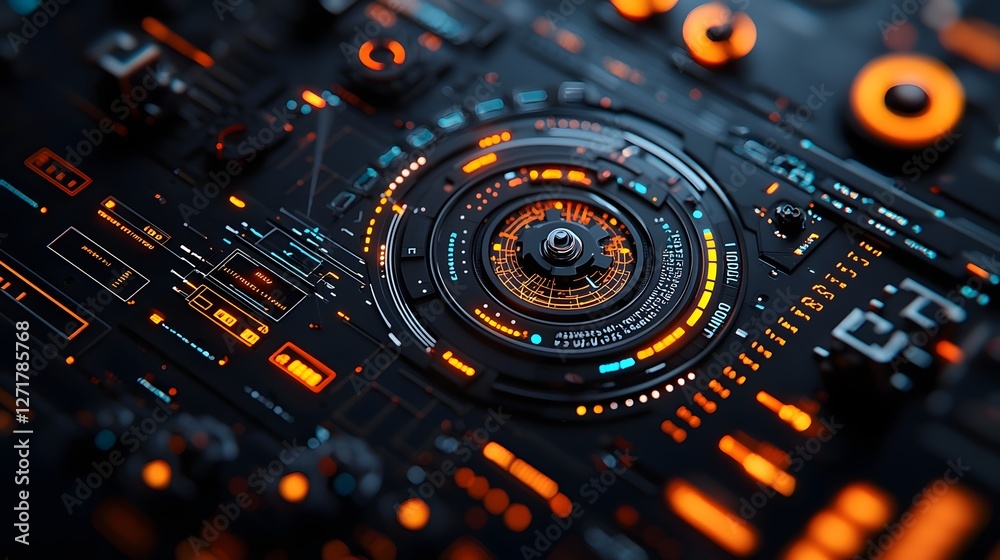 Poster futuristic holographic engineering blueprint with intricate 3d rotating mechanical components and pr