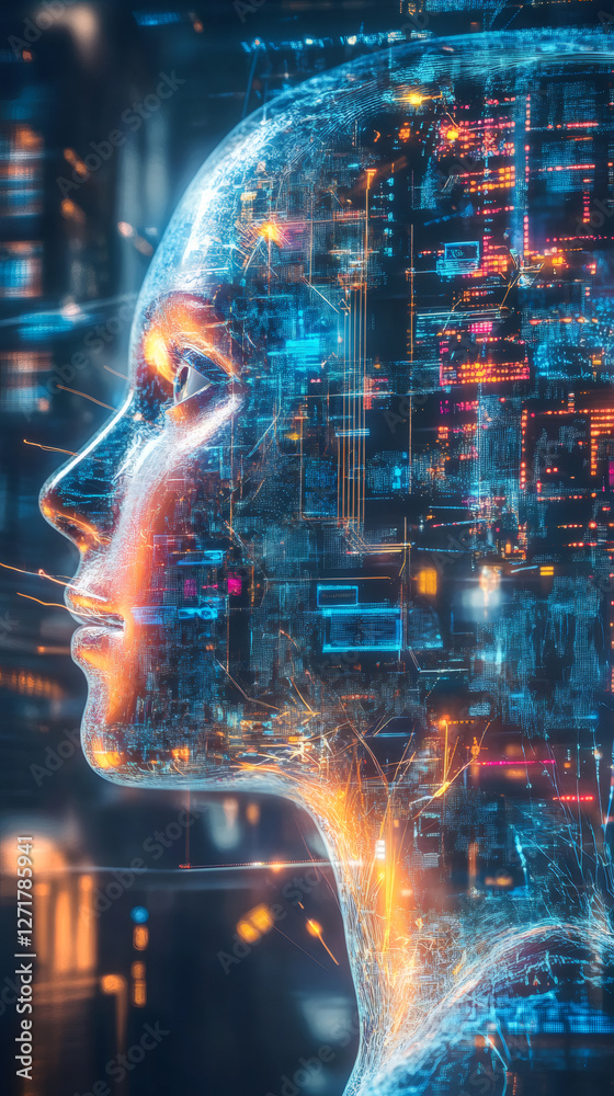 Aufkleber complex digital information and connections flowing through a futuristic human face, symbolizing the