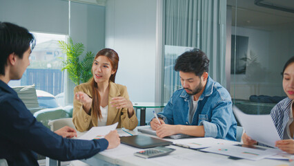 Fototapeta premium Marketing woman leader team brainstorming creative strategy analysis business growth sharing ideas collaboration for corporate success developing advertising campaigns discussing digital marketing