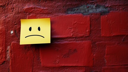 A yellow sticky note with a sad face drawn on it, placed on a red brick wall.