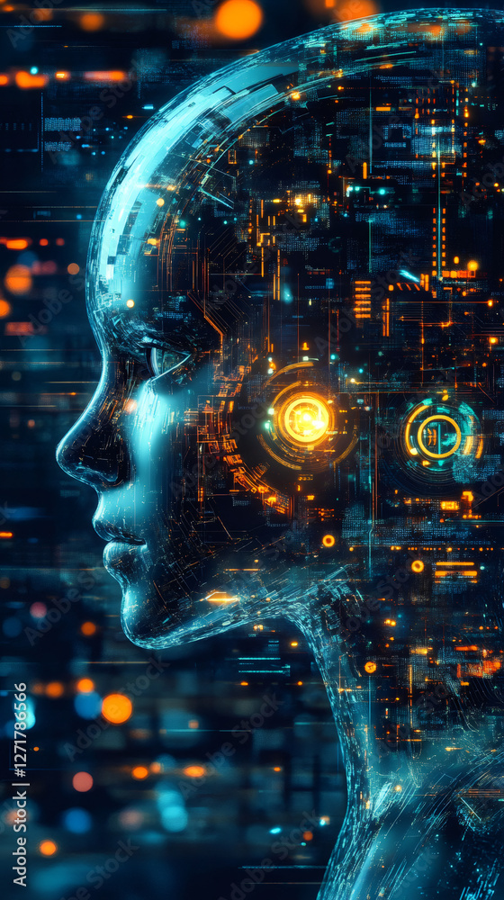 Leinwandbilder Futuristic portrait of artificial intelligence as a digital face, symbolizing the advancements and potential of AI in shaping the future of technology