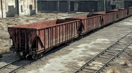 Obraz premium Rusty Cargo Train on Abandoned Tracks - Industrial Scene