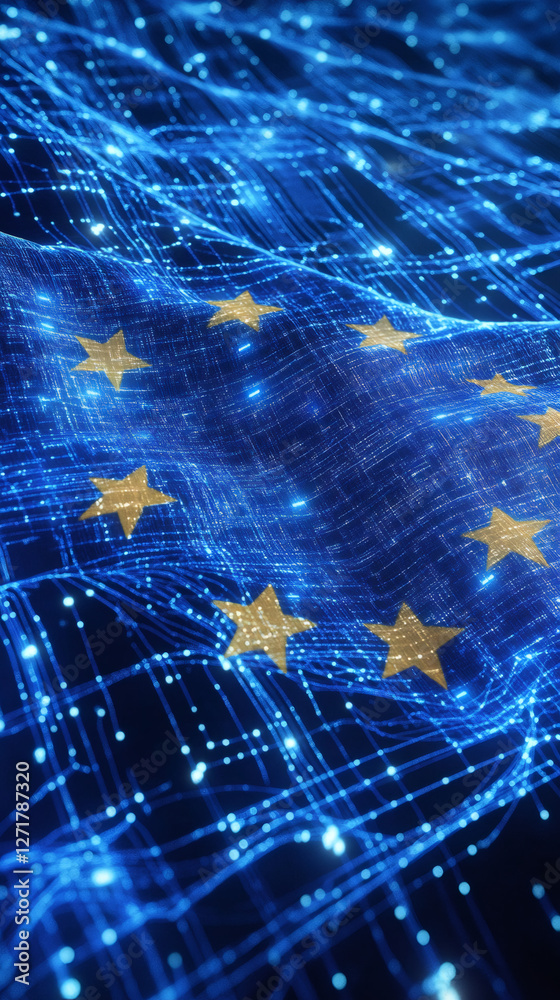Poster European Union flag waving on computer generated background with glowing internet connections, symbolizing digitalization