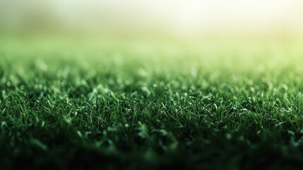 Naklejka premium Vibrant green grass glistening with morning dew, creating a serene and fresh atmosphere perfect for outdoor activities.
