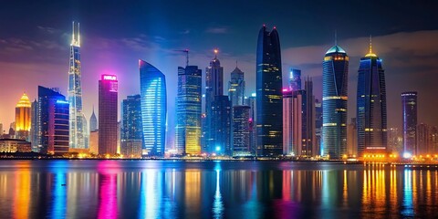 Fototapeta premium Doha Qatar Night Skyline Panoramic Cityscape View